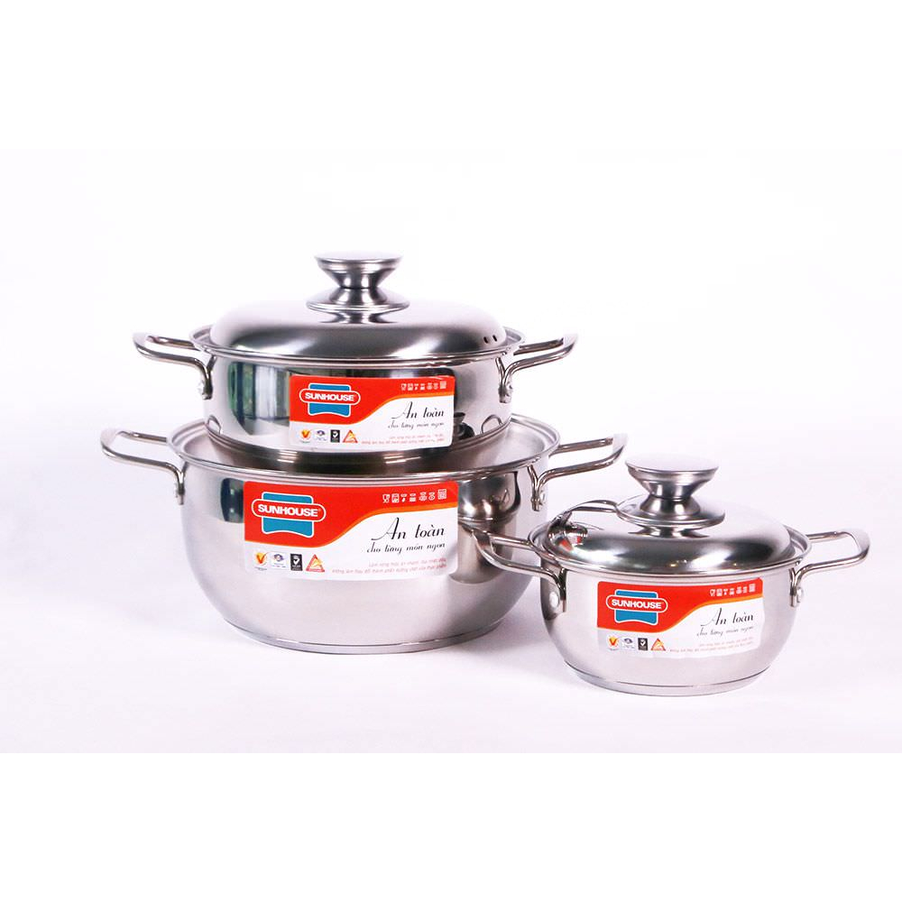 Bộ Nồi 3 Đáy Chất Liệu Inox Cao Cấp SUNHOUSE Sử Dụng Được Trên Mọi Loại Bếp Bền Bỉ Chắc Chắn SH335