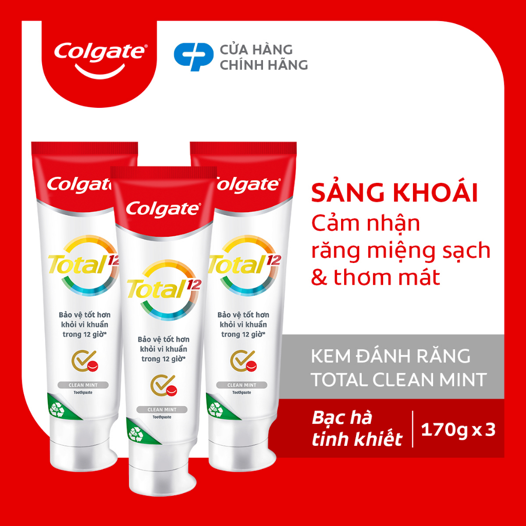 Bộ 3 Kem đánh răng Colgate Total Clean Mint hương bạc hà bảo vệ toàn diện 12 giờ 170g