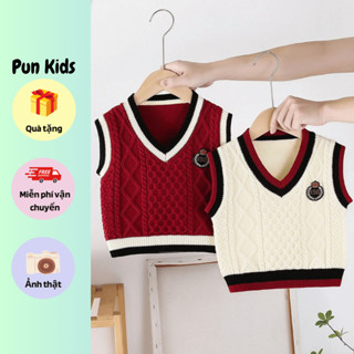 Áo gile len thu đông phối cổ tim màu đỏ đô, màu be cho bé trai bé gái từ 9-21kg AMĐ29