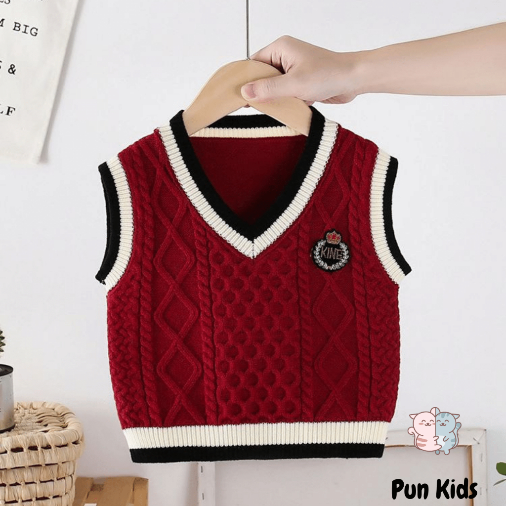 Áo gile len thu đông phối cổ tim màu đỏ đô, màu be cho bé trai 08 - 18 Kg AMĐ29