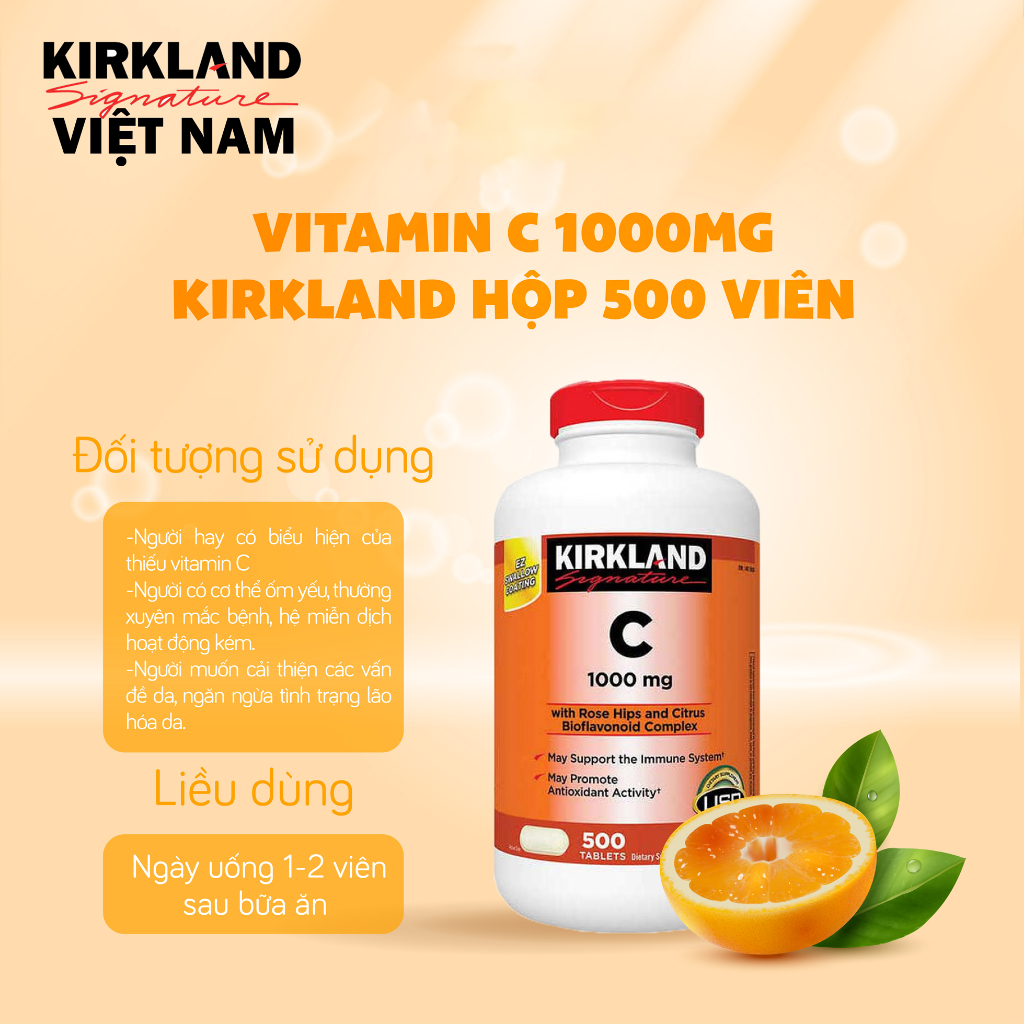 Viên uống bổ sung Vitamin C 1000mg Kirkland Signature tăng sức hệ miễn dịch 500 viên