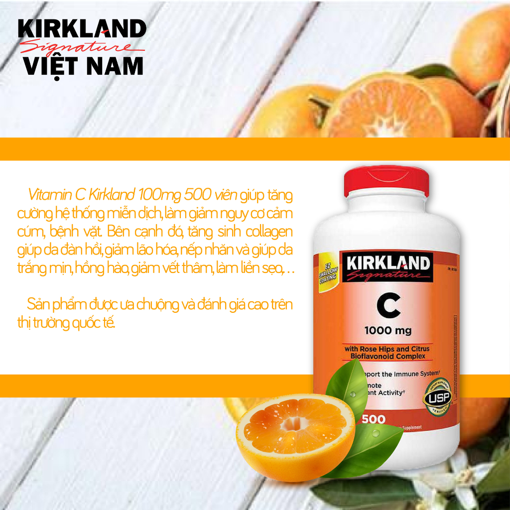 Viên uống bổ sung Vitamin C 1000mg Kirkland Signature tăng sức hệ miễn dịch 500 viên