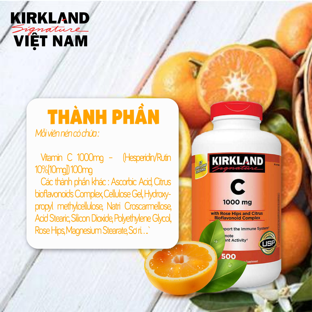 Viên uống bổ sung Vitamin C 1000mg Kirkland Signature tăng sức hệ miễn dịch 500 viên