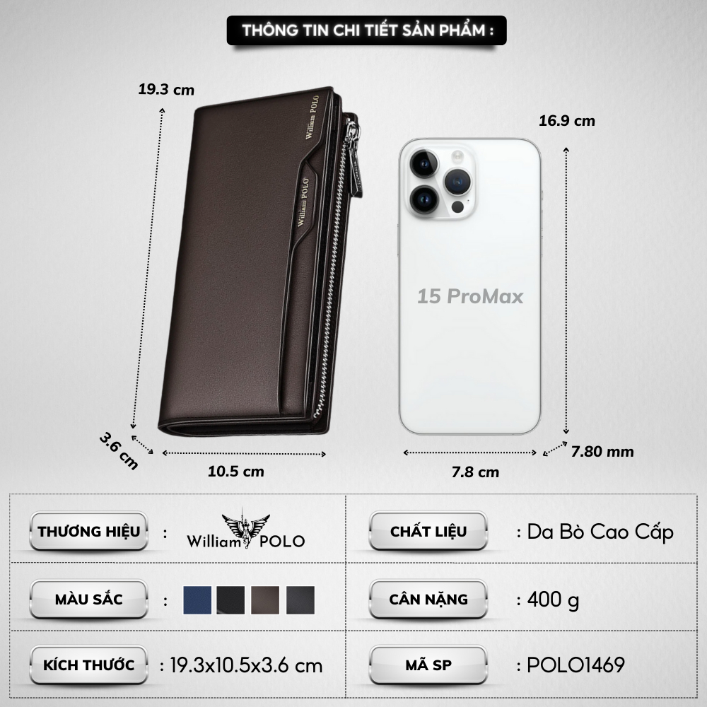 Ví dài cầm tay nam da bò chính hãng William POLO cao cấp ví đứng nam cầm tay full hộp đựng bóp nam da bò cao cấp - 𝑰𝑩𝑨𝑮