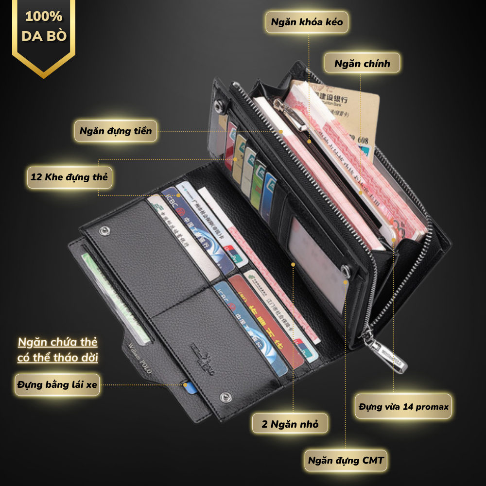 Ví dài cầm tay nam da bò chính hãng William POLO cao cấp ví đứng nam cầm tay full hộp đựng bóp nam da bò cao cấp - 𝑰𝑩𝑨𝑮