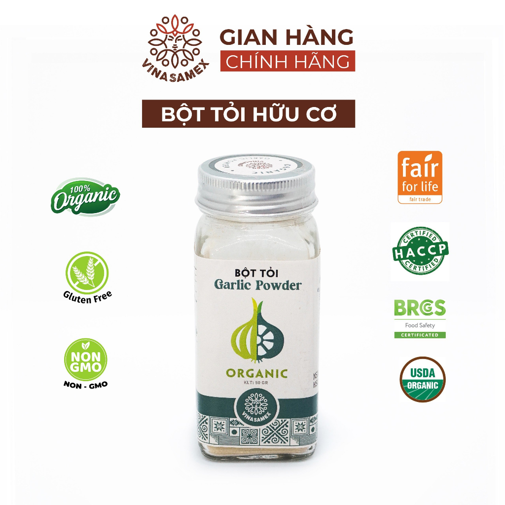 Bột tỏi nguyên chất hữu cơ Vinasamex 50g - Gia vị Organic cao cấp xuất khẩu