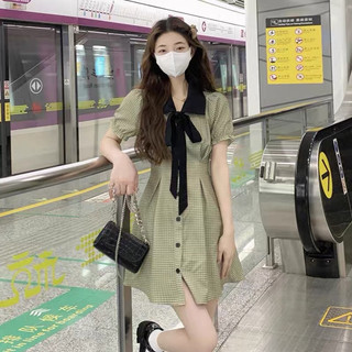 (SẴN)Đầm tiểu thư dáng chữ A ôm eo tay phồng cổ polo họa tiết caro
