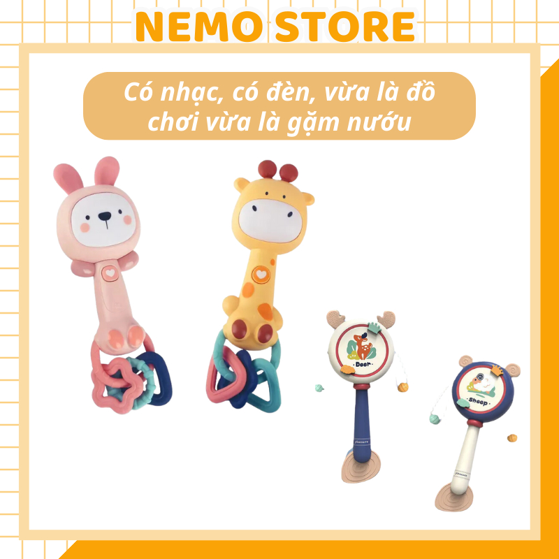 Xúc xắc xoay 360 độ kiêm gặm nướu phát nhạc, đèn ngủ Babytry cực dễ thương cho bé, nhựa ABS không độc hại