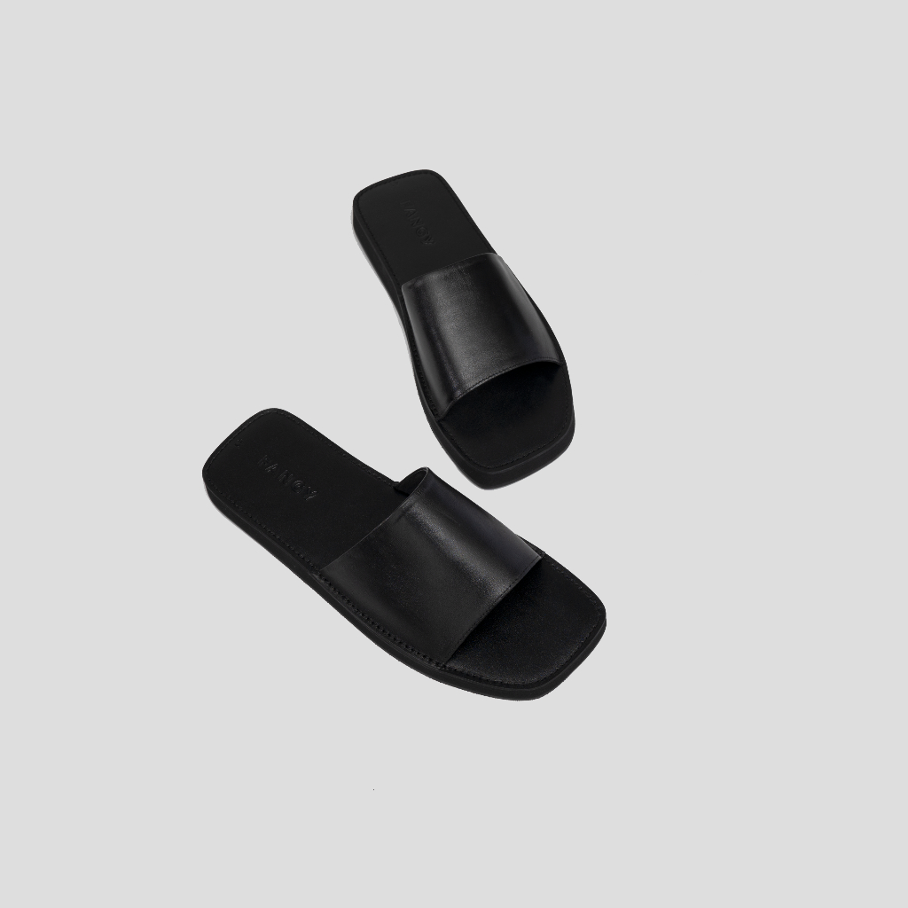 Dép Nam Nữ FANGY - The Square Slides Black Leather