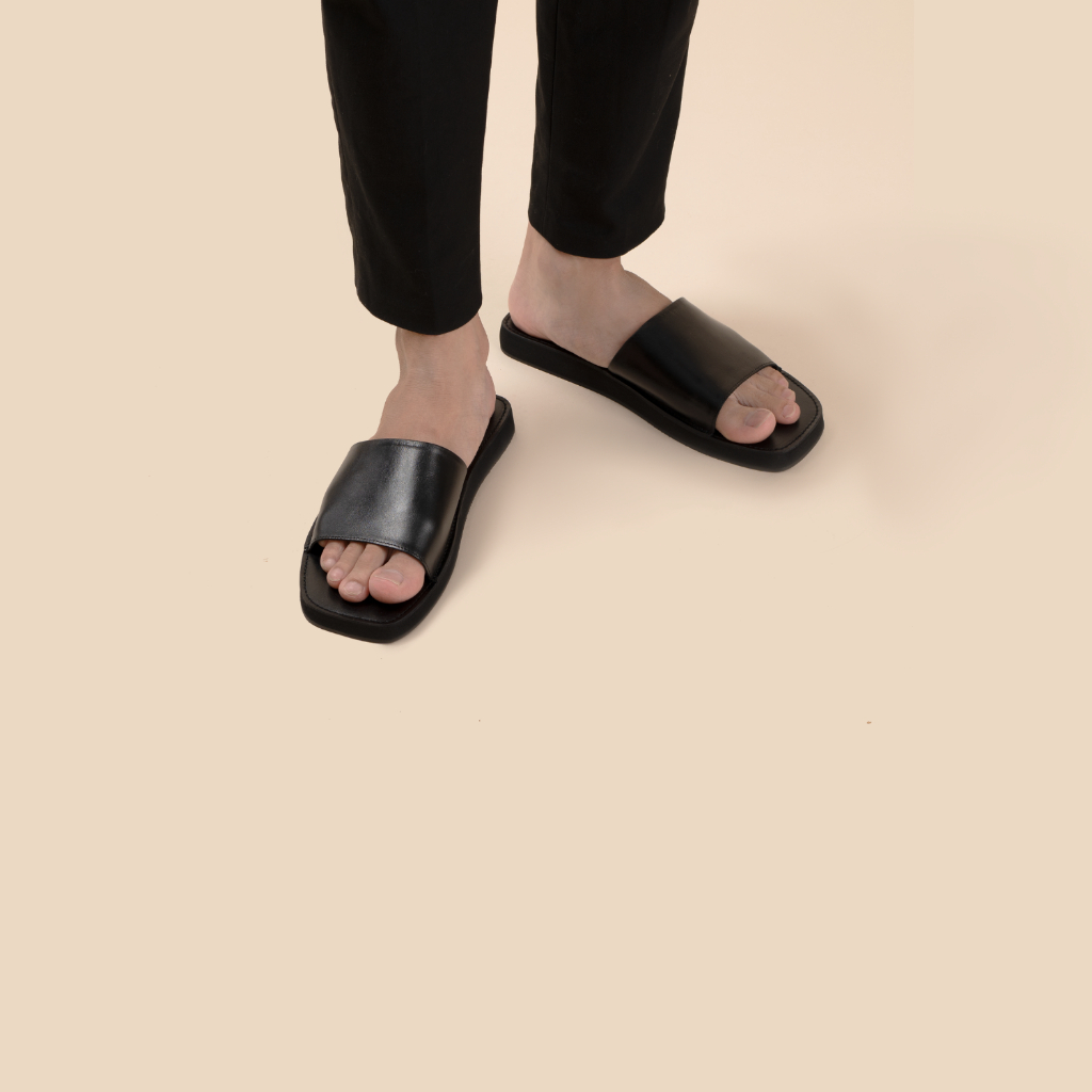 Dép Nam Nữ FANGY - The Square Slides Black Leather