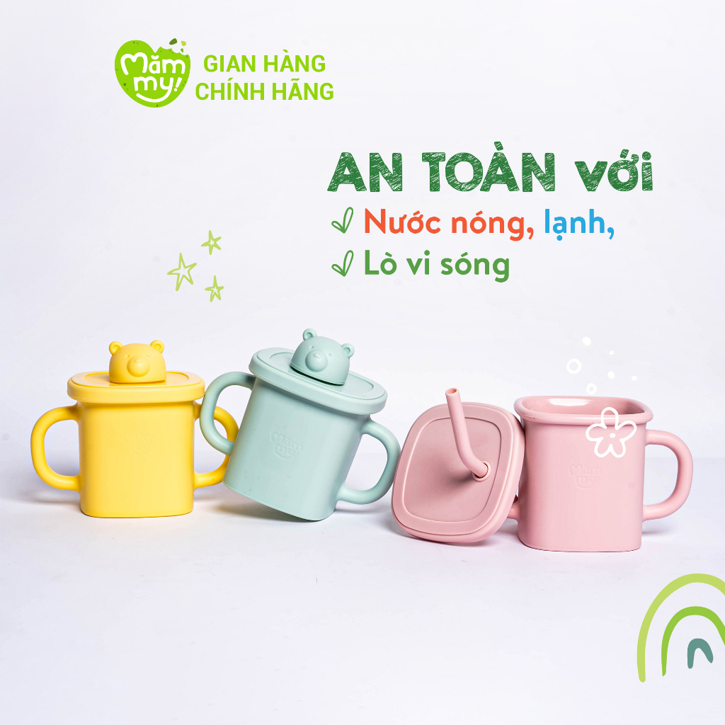 Cốc silicon tập uống 3 giai đoạn hình gấu dễ thương Mămmy Straw Training Cup giúp bé rèn luyện kĩ năng cầm, uống và hút