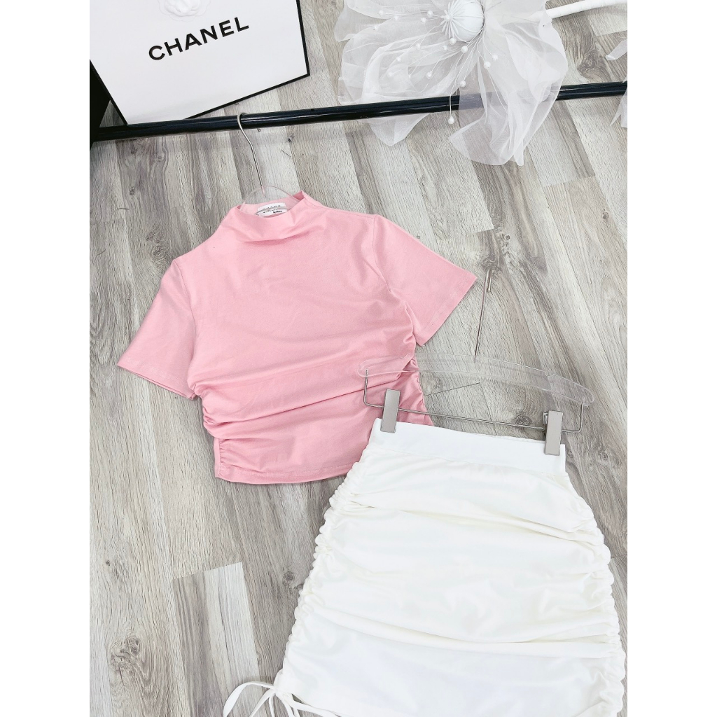 SET ÁO HỒNG CỔ CAO CROPTOP BODY + CHÂN VÁY TRẮNG RÚT DÂY 2 BÊN