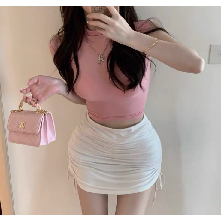 SET ÁO HỒNG CỔ CAO CROPTOP BODY + CHÂN VÁY TRẮNG RÚT DÂY 2 BÊN