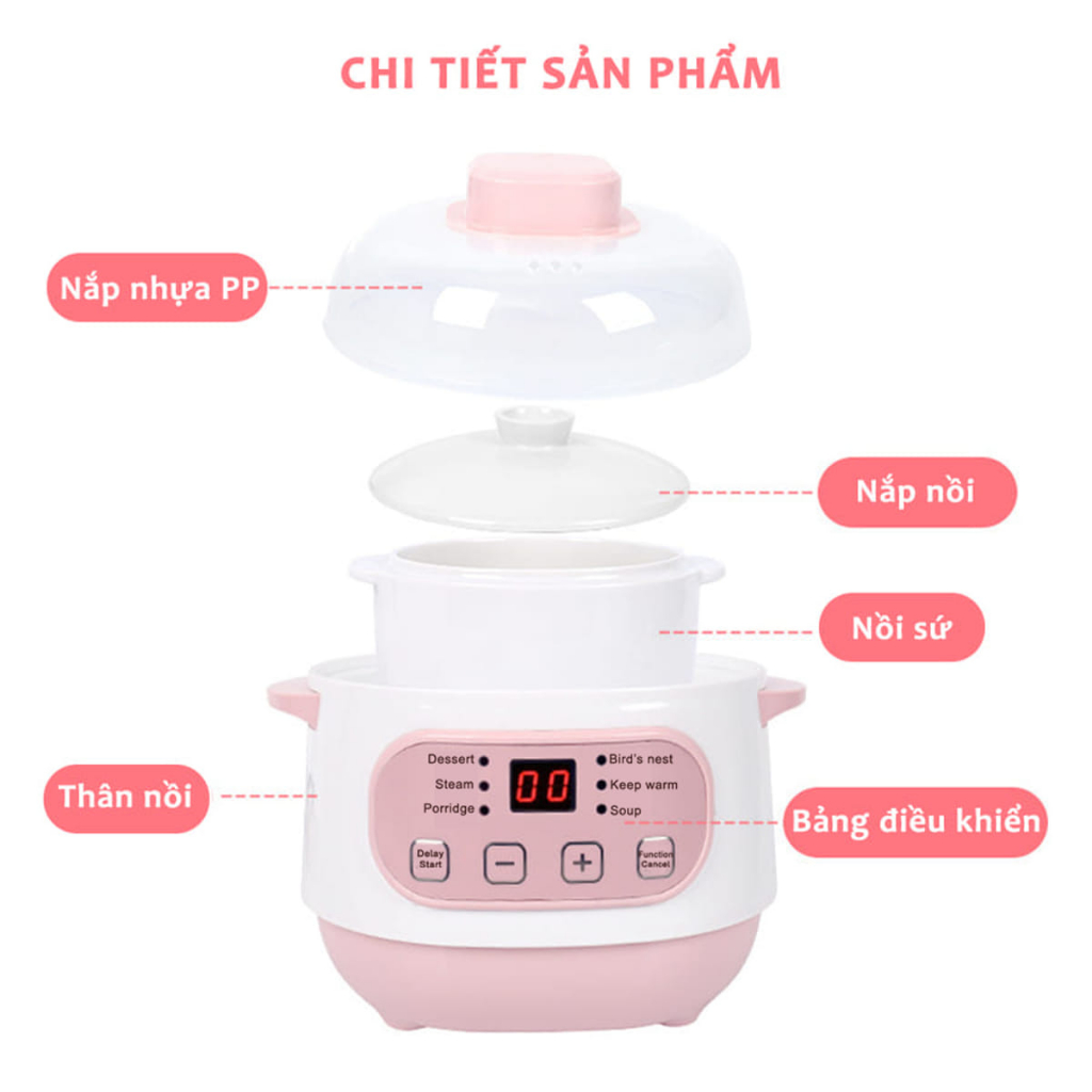 Nồi Nấu Cháo Chậm Cho Bé Ăn Dặm Dung Tích 1L - 2L Hẹn Giờ Tích Hợp 6 Chế Nấu Cháo, Hầm, Hấp, Chưng Yến Đa Năng - Melli