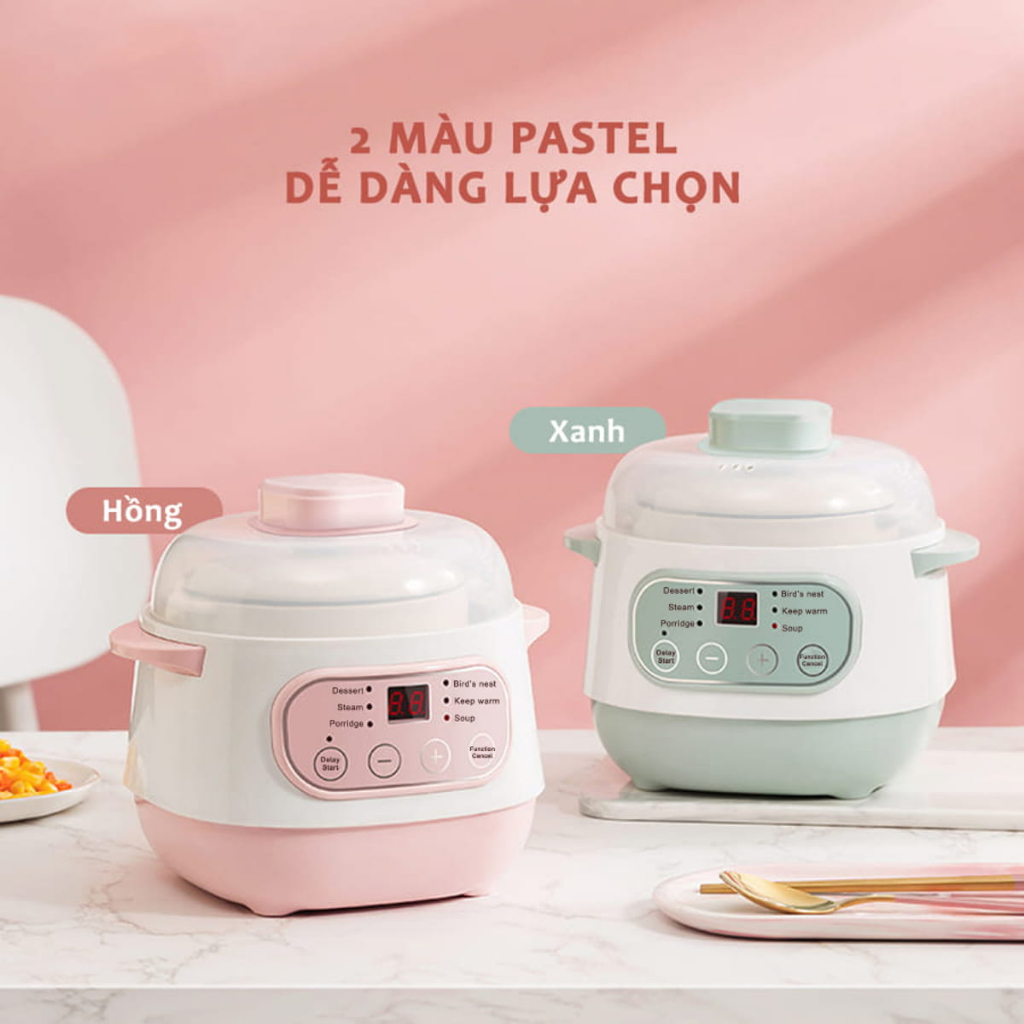 Nồi Nấu Cháo Chậm Cho Bé Ăn Dặm Dung Tích 1L - 2L Hẹn Giờ Tích Hợp 6 Chế Nấu Cháo, Hầm, Hấp, Chưng Yến Đa Năng - Melli