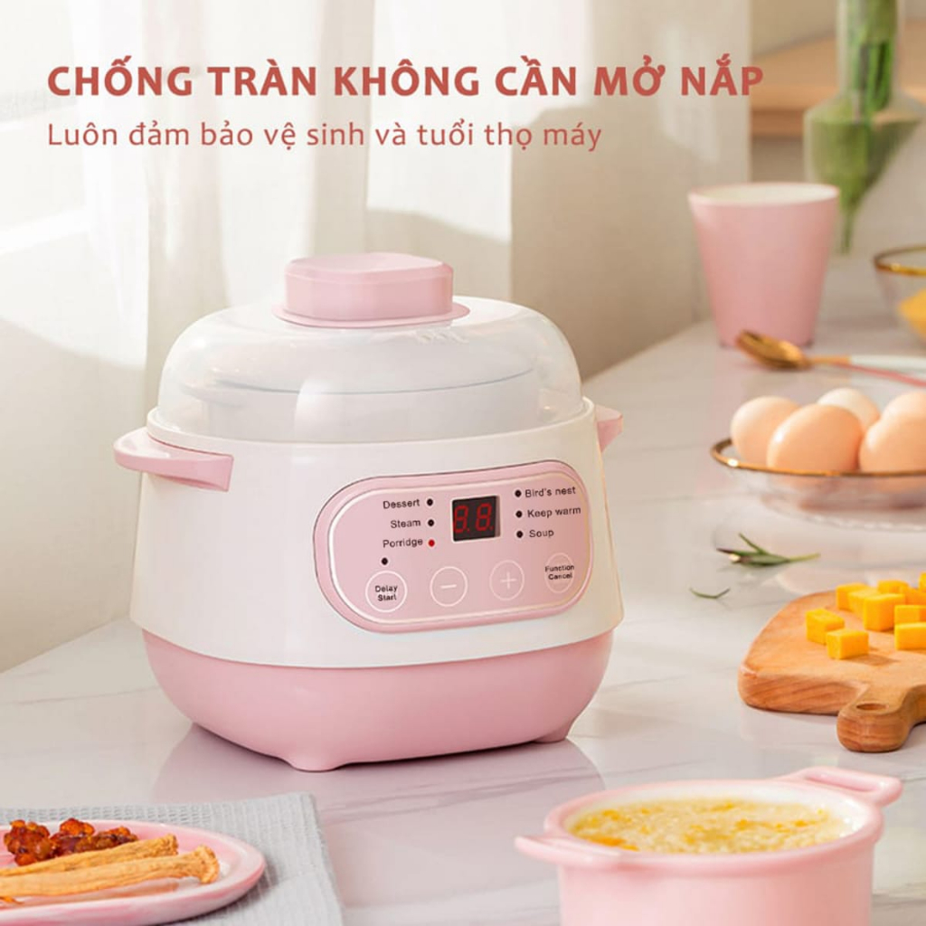 Nồi Nấu Cháo Chậm Cho Bé Ăn Dặm Dung Tích 1L - 2L Hẹn Giờ Tích Hợp 6 Chế Nấu Cháo, Hầm, Hấp, Chưng Yến Đa Năng - Melli