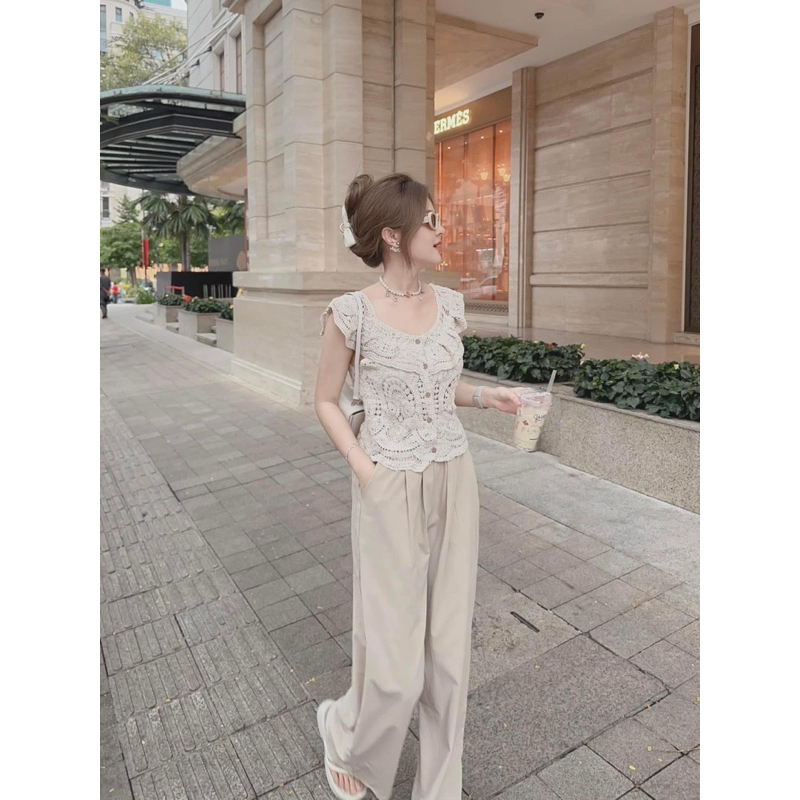 Florence- Set áo ren bẹt vai bèo và quần suông lưng thun