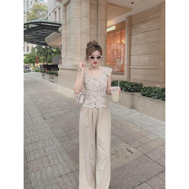 Florence- Set áo ren bẹt vai bèo và quần suông lưng thun