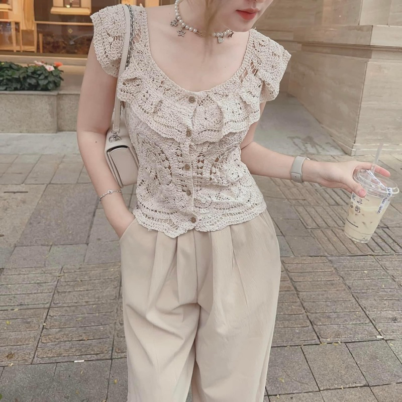 Florence- Set áo ren bẹt vai bèo và quần suông lưng thun