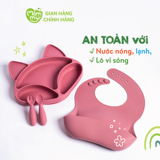 Bộ dụng cụ ăn dặm Mămmy Baby Foxy Set gồm khay ăn dặm, thìa nĩa, yếm silicon cao cấp giúp con dễ tập xúc thức ăn