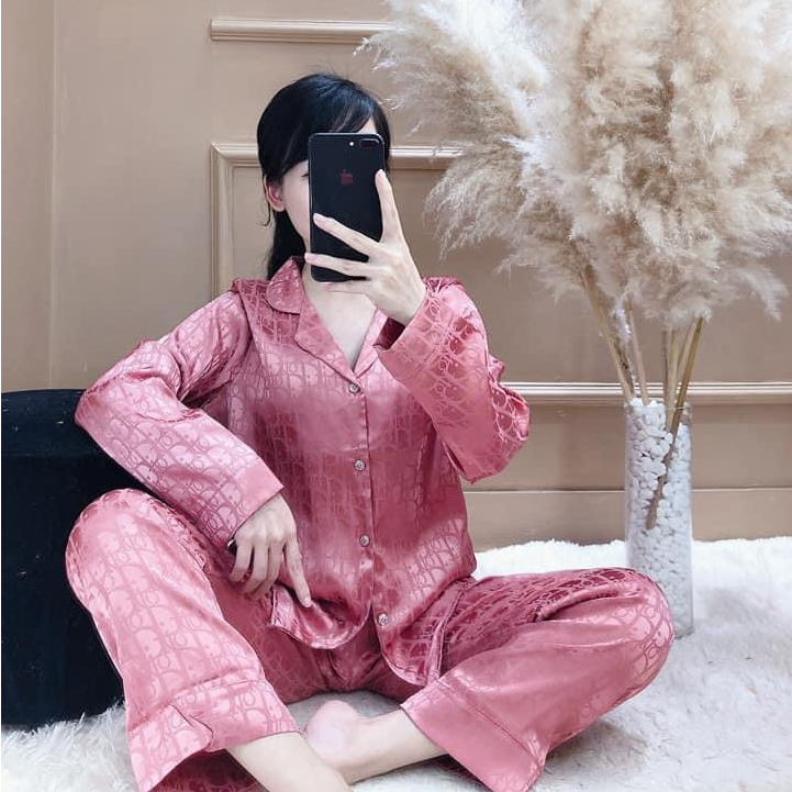 Set bộ mặc nhà nữ Pyjama lụa gấm cao cấp áo dài quần dài mát nhẹ thoải mái