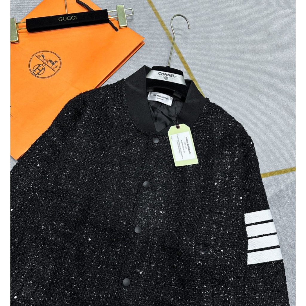 Áo khoác Dạ Thome Kim Tuyến thêu 4 sọc kẻ  trắng 2 lớp đan kim tuyến đen Thời trang Siêu Chất Hot 2023