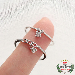 Nhẫn bạc s925 cỏ bốn lá may mắn & hoa hồng điều chỉnh được xinh xắn | nhẫn nữ bạc 925 thời trang