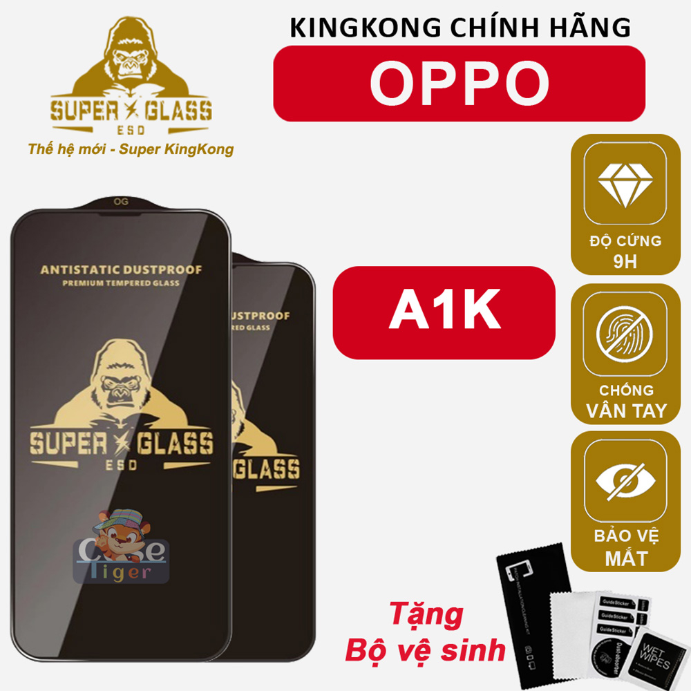 Cường lực KingKong Đen cho OPPO A1K Kính full màn, Chống bám vân tay