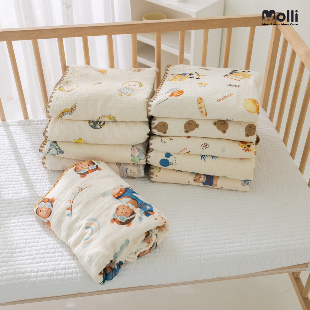Chăn xô 2 mặt Muslin  Molli phong cách Hàn Quốc cho bé - KT 110*115CM