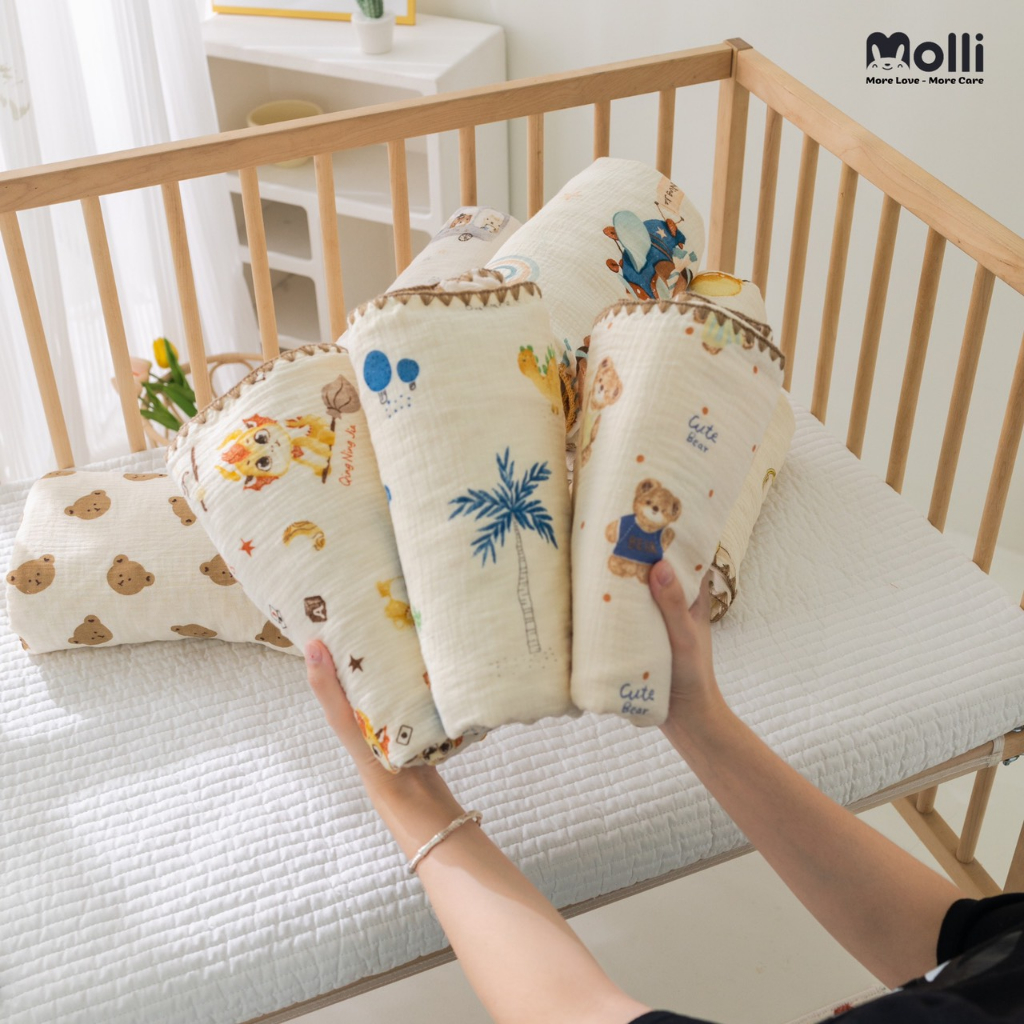 Chăn xô 2 mặt Muslin  Molli phong cách Hàn Quốc cho bé - KT 110*115CM
