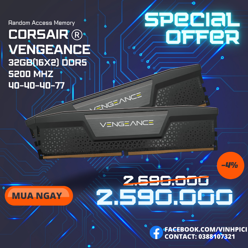 Ram CORSAIR VENGEANCE 32GB 5200MHz DDR5  CMK32GX5M2B5200C40