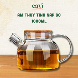 Ấm trà thủy tinh nắp gỗ chịu nhiệt dày dặn deli 1l, bình trà sang trọng