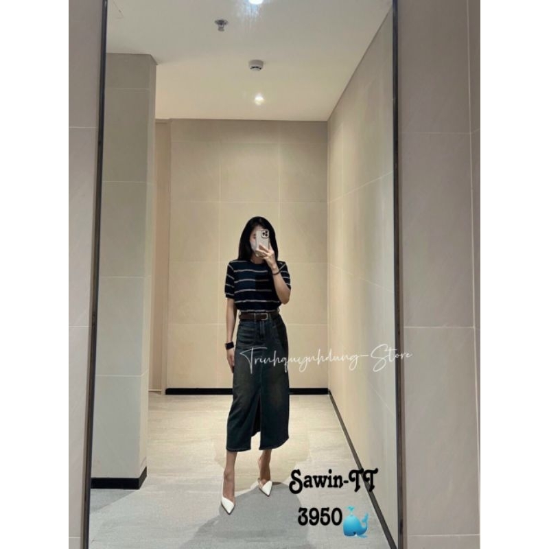 Chân váy jean dài túi trước kèm đai hàng QCL1