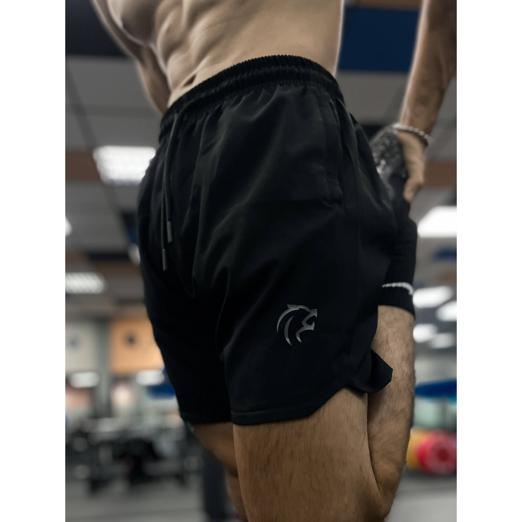 Quần đùi nam tập gym thể thao Gymlab form 6 inch trên gối vải gió thoáng mát – ĐEN – MINI LOGO