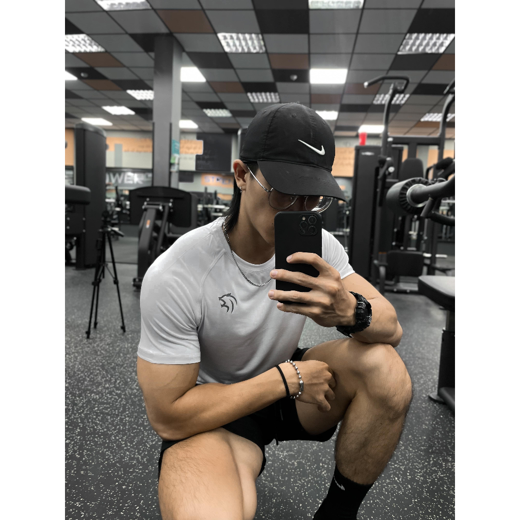 Áo thể thao tập gym nam Gymlab form fit nhiều màu vải poly thoáng mát - SILVER LOGO