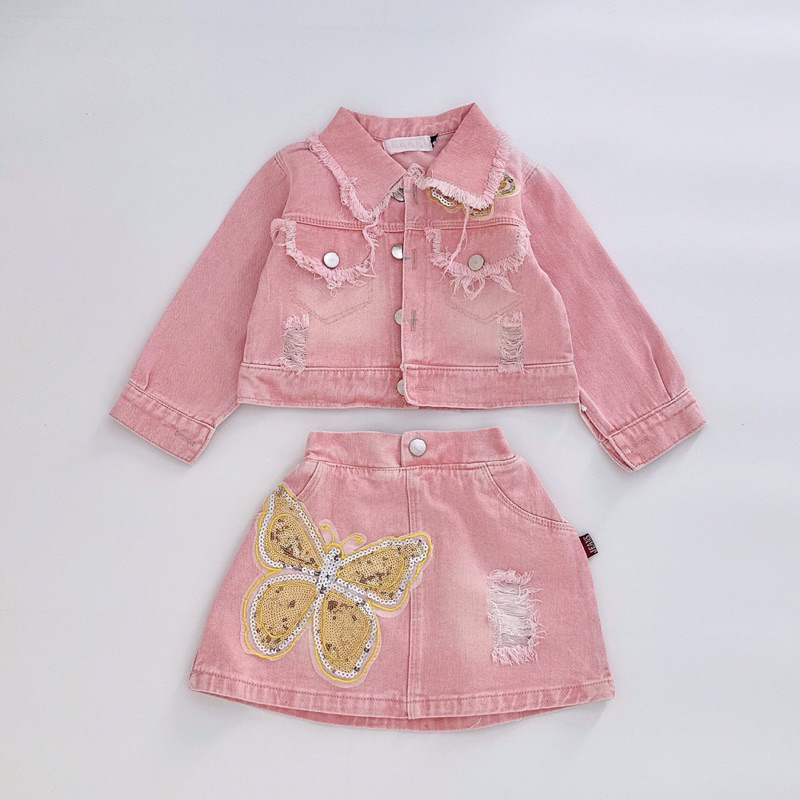 Set áo và chân váy jean bò lấp lánh hồng + tím