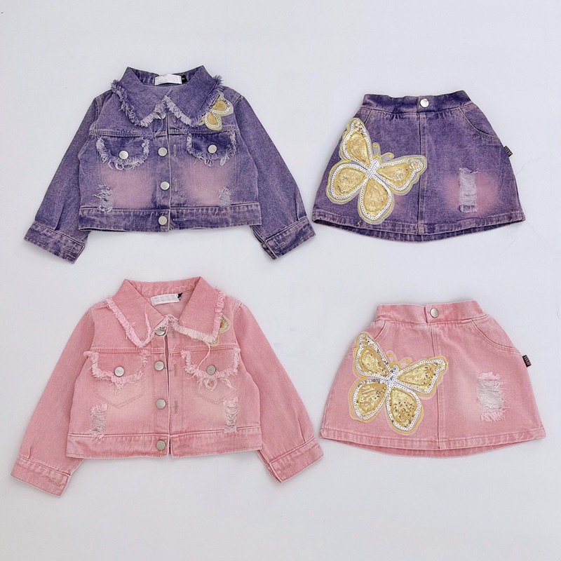 Set áo và chân váy jean bò lấp lánh hồng + tím