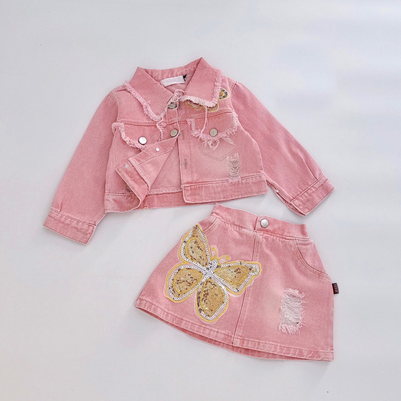 Set áo và chân váy jean bò lấp lánh hồng + tím
