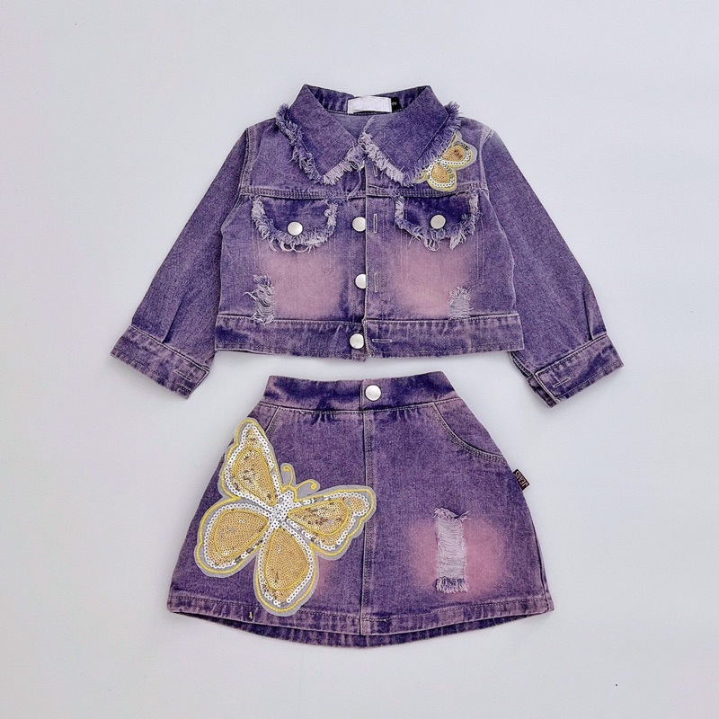 Set áo và chân váy jean bò lấp lánh hồng + tím