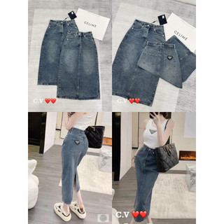 Chân váy kaki jeans viền chỉ nổi bật may lai gấu suông lưng cao chuẩn form
