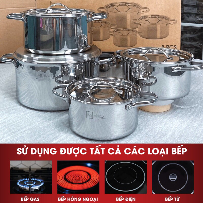 Bộ 4 nồi Inox 304 thân đúc đáy liền Fivestar FPB4004