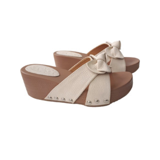 Dép nữ đế bằng da bò thật cao cấp VI VI .Đế cao 6