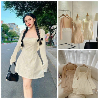 Đầm Váy Nữ Ren 2 Dây Xòe Chữ A Phối Áo Khoác Croptop Ngoài Xinh Xắn Phong Cách Nhẹ Nhàng Thích Hợp Diện Đi Dự Tiệc