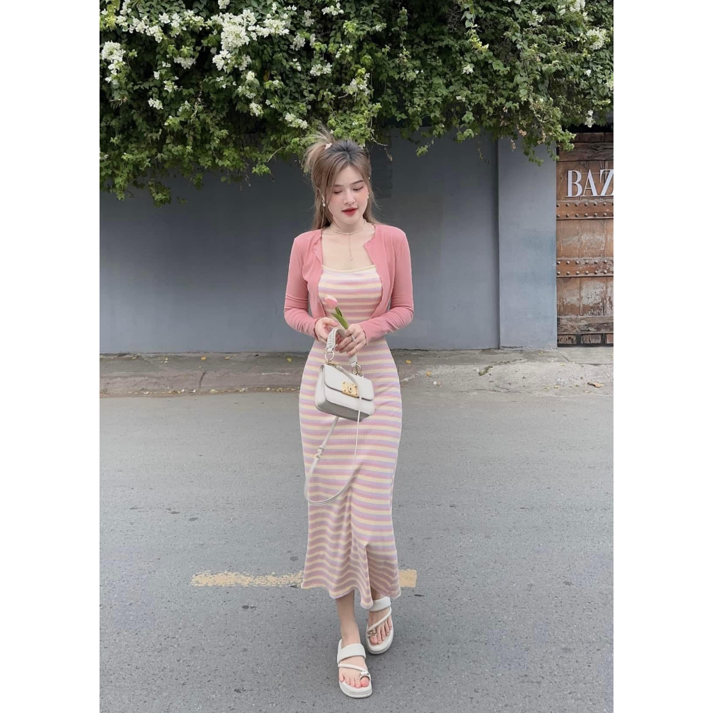 Set Bộ 2 Món: Váy 2 Dây Xòe Đuôi Cá Phối Sọc Màu Xinh Siêu Hot + Áo Khoác Croptop Tone Hồng Baby Nhẹ Nhàng