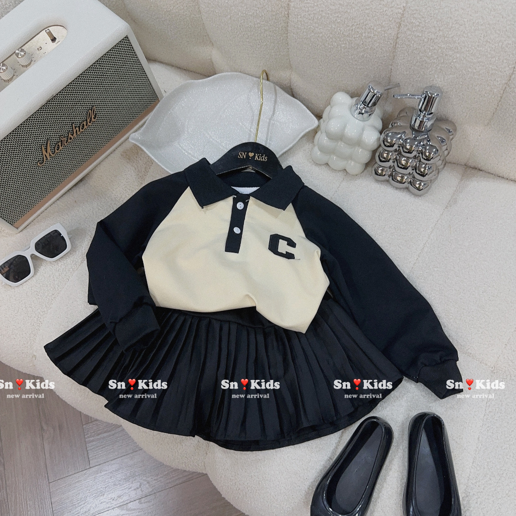 Váy bé gái , sét bộ thu đông áo nỉ da cá chữ C phối chân váy xếp ly cá tính cho bé gái 10-30kg