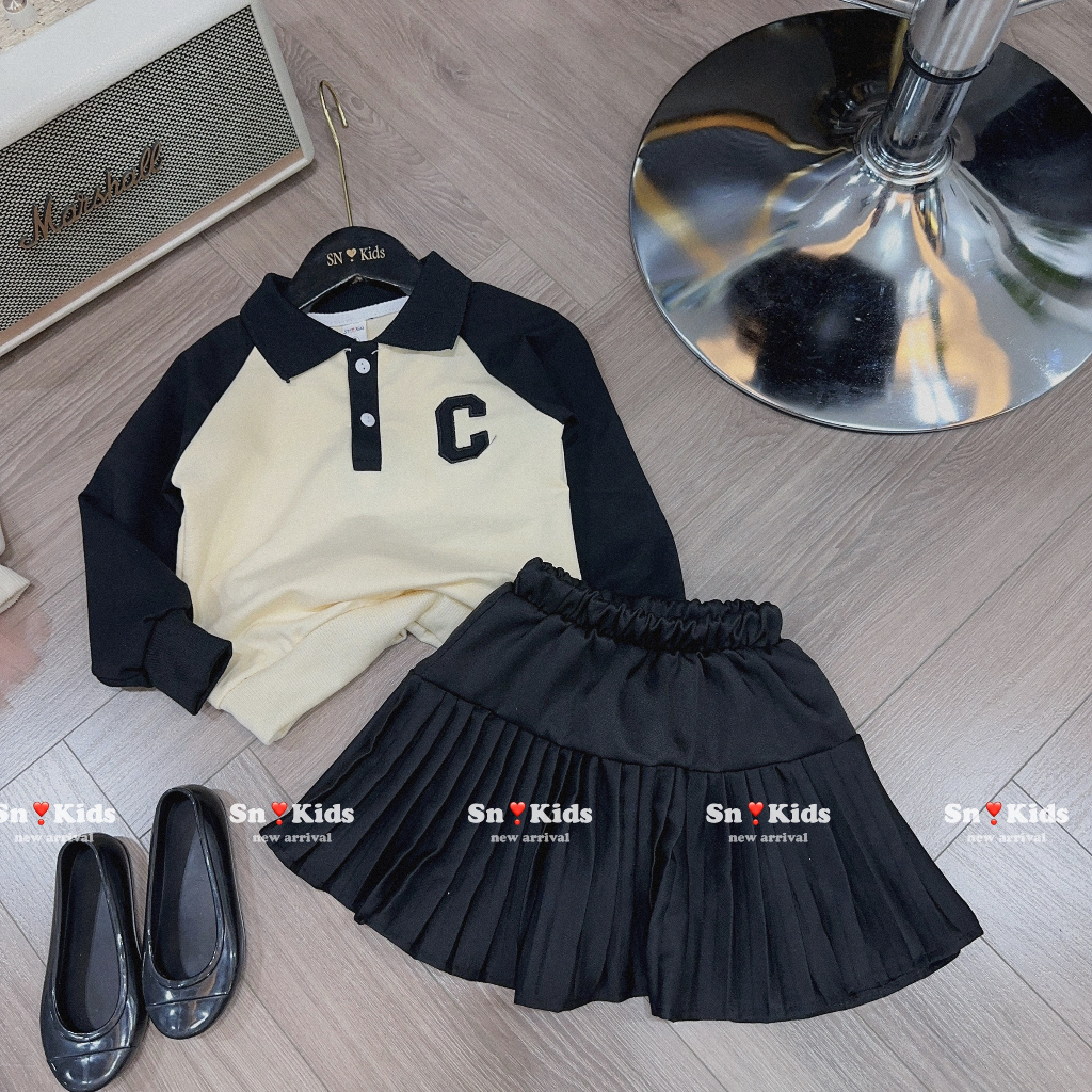 Váy bé gái , sét bộ thu đông áo nỉ da cá chữ C phối chân váy xếp ly cá tính cho bé gái 10-30kg