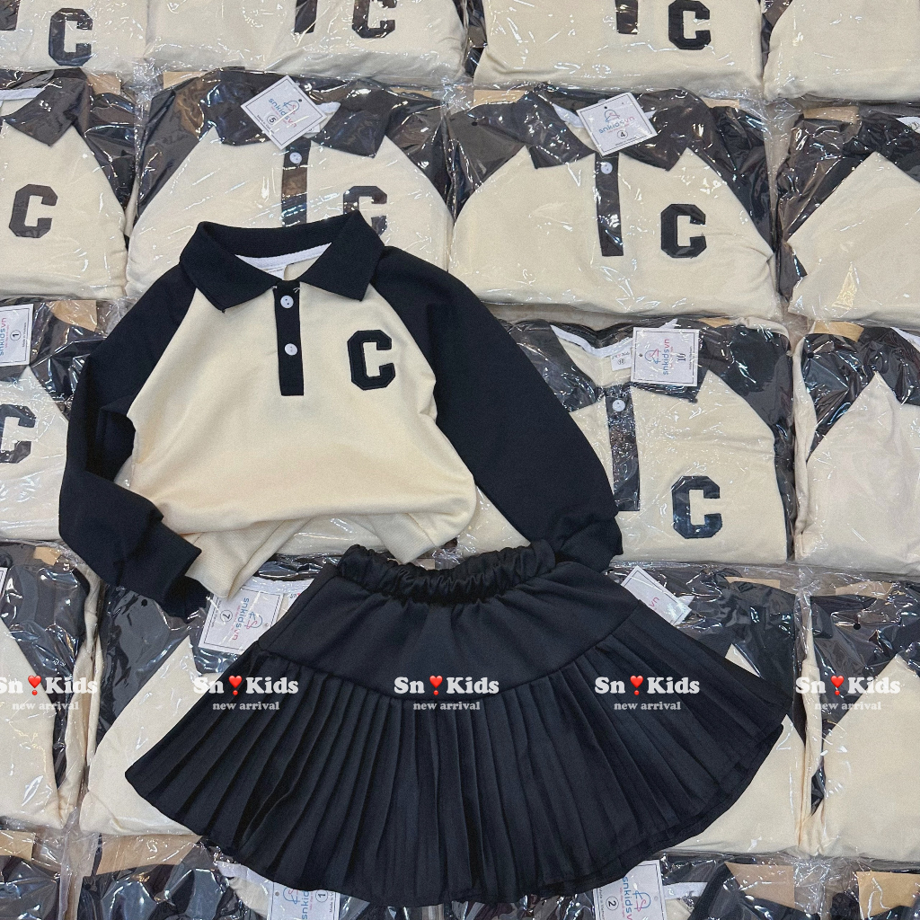 Váy bé gái , sét bộ thu đông áo nỉ da cá chữ C phối chân váy xếp ly cá tính cho bé gái 10-30kg