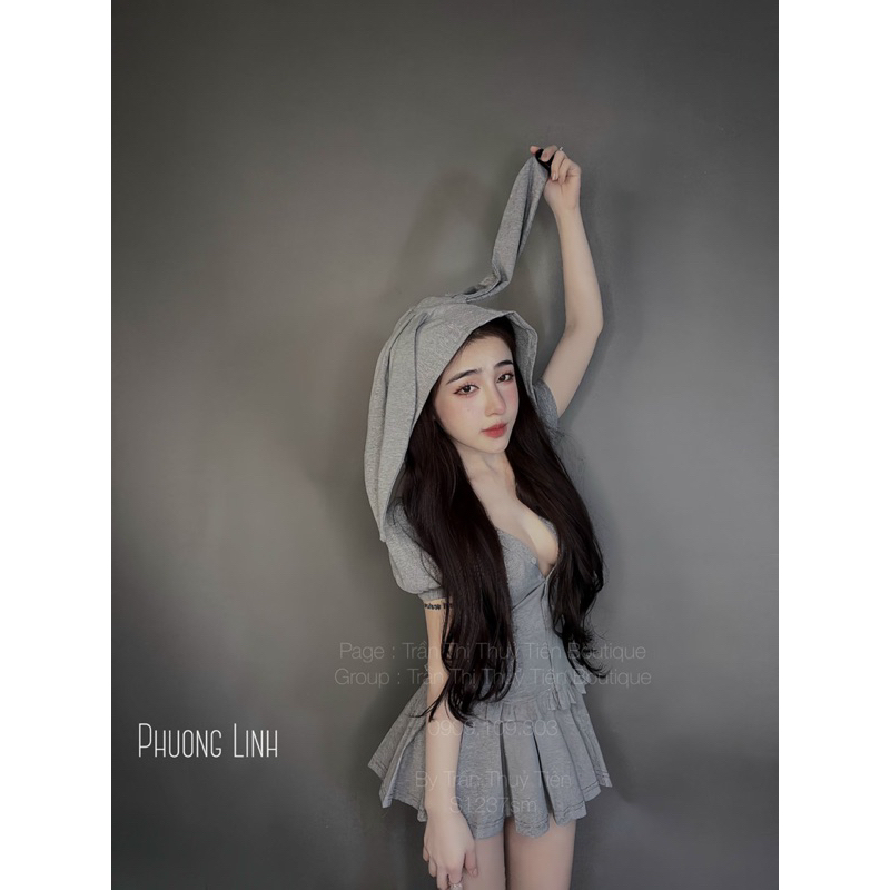 SET ÁO TAI THỎ TAY NGẮN PHỐI CHÂN VÁY XẾP LI XOÈ