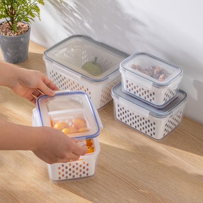 Bộ 3 hộp nhựa kèm 3 rổ tiện dụng - set 6 món thau rổ bảo quản thực phẩm tủ lạnh