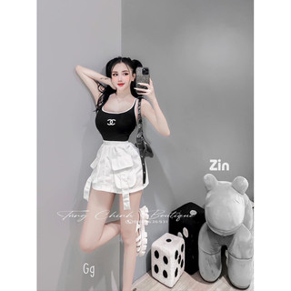 Set áo ba lỗ viền in logo phối chân váy túi hộp